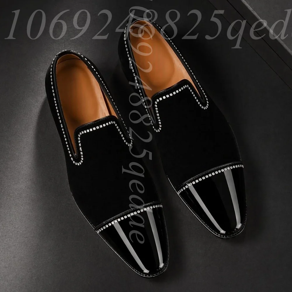 

Men's Black Patent Toe Velvet Loafers, Slip-On Style, Studded Trim, Polished Glossy Cap Toe, Formal Dress Shoes for Evening Wear