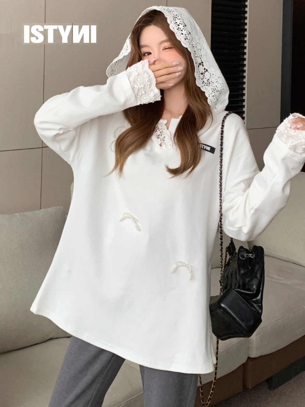 

Женская зимняя кофта Isni с капюшоном, на флисовой подкладке, ручной пошив, с кружевным дизайном, удобная, свободного кроя, с длинными рукавами