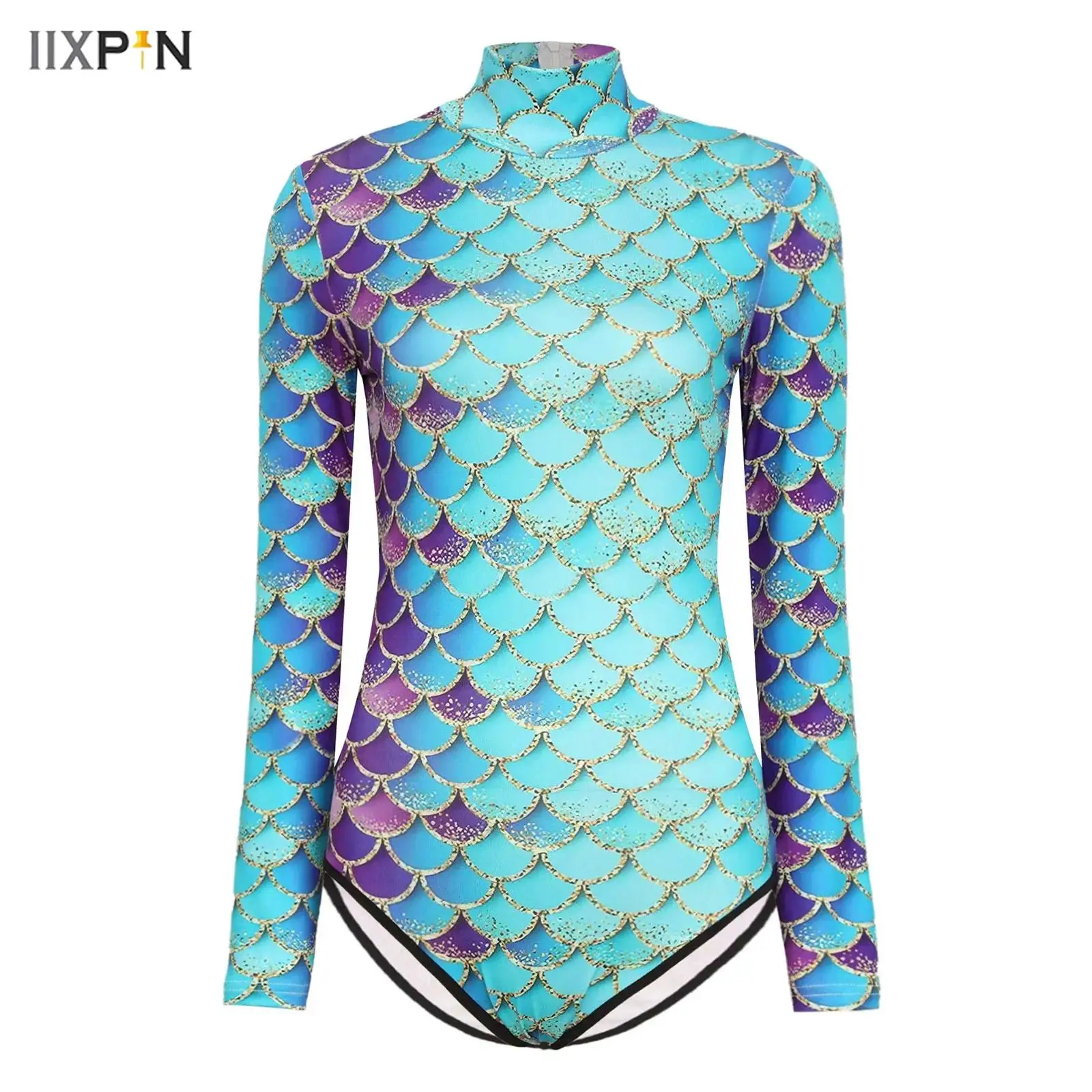 

Womens Mermaid Swimwear One-piece Fish Scale Printed Long Sleeve Bodysuit Pool Party Beachwear Surfing Rashguard Bathing Suit