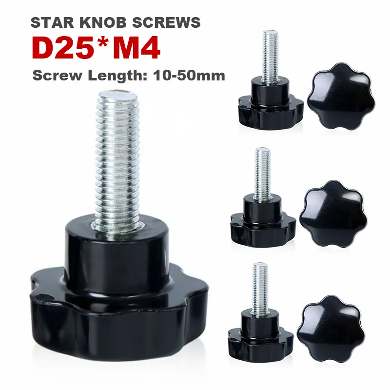 D25*M4*10-50 304 Stainless Steel Hand Knob Screws Bolt Plastic Star Shape Head Thread Clamping Thumb Handle Machine Screw Bolts
