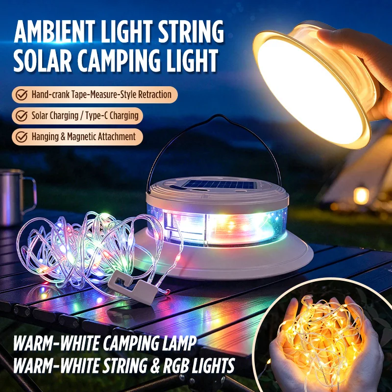 10M RGB LED Solar String Lights Outdoor Waterproof with Hanging Hooks Garden Patio Party Decor Atmosphere Lamp for Camping