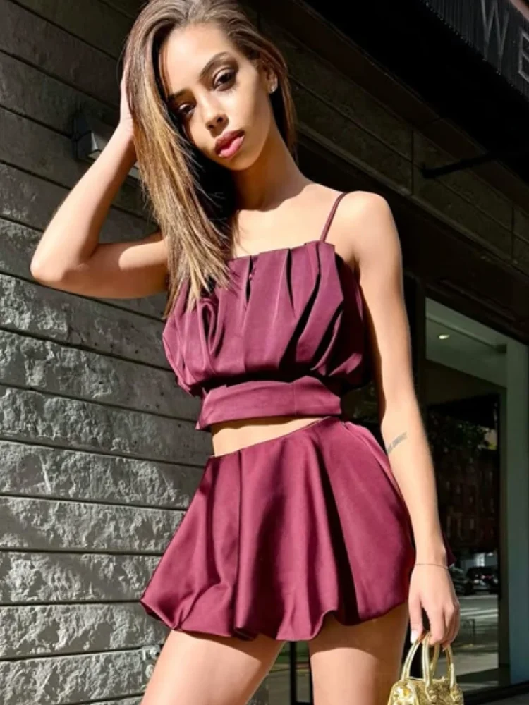 

Sexy Pleated Bloom Mini Skirt Set Women Balloon Off-shoulder Sling Top High-waisted Skirts Suit 2026 New Lady Club Party Wear