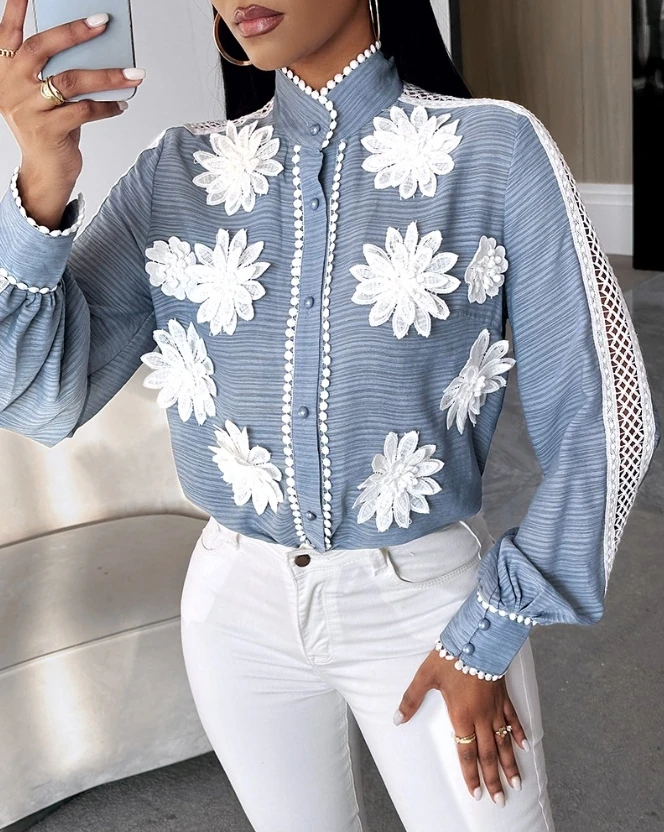 

Elegant Blouses Shirt Floral Pattern Contrast Lace Buttoned Top T-Shirt Pullover Tops 2024 Autumn Spring New Fashion Casual