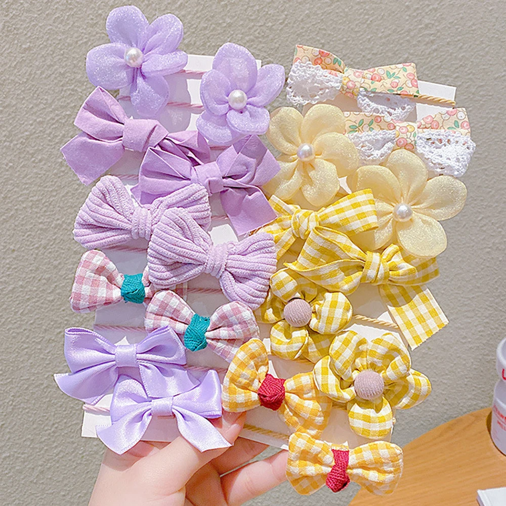 10pcs/Set Cute Bow Hair Ties Mixed Cloth Flower Hair Loops High Elastic Ponytail Holder Bands Birthday Gifts For Toddler Girls