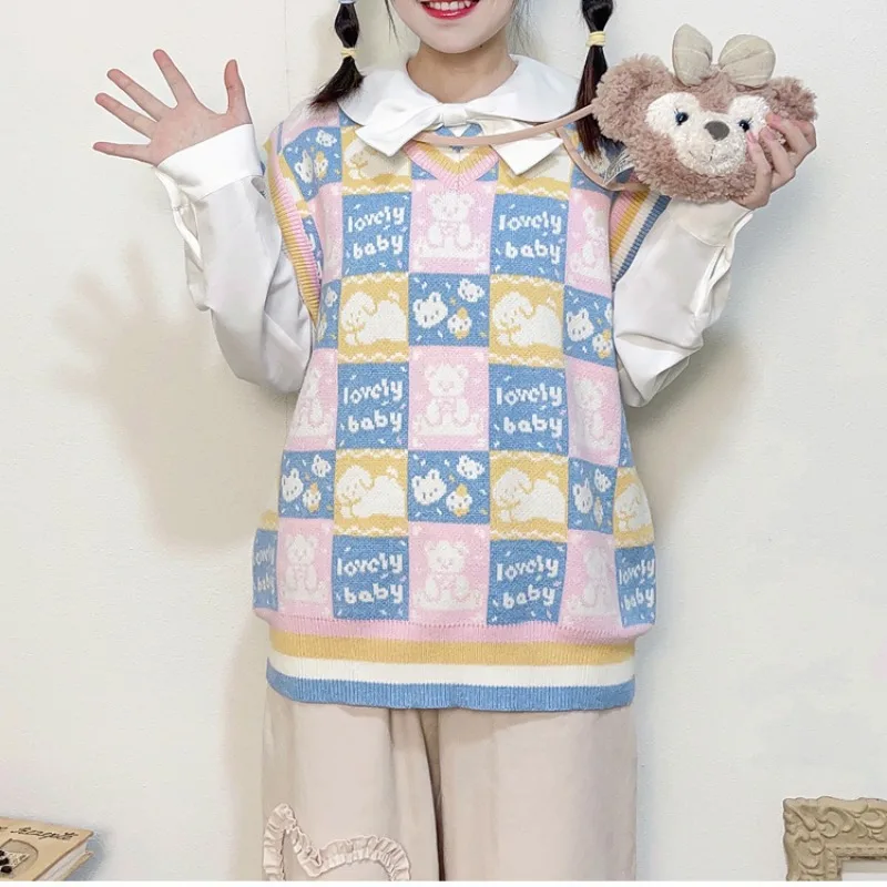 Japanese Cute Bear Plaid Sweater Vest for Girls Lovely Women Winter Knitted Sleeveless Jacket V-neck Coat Winter Kawaii Clothes