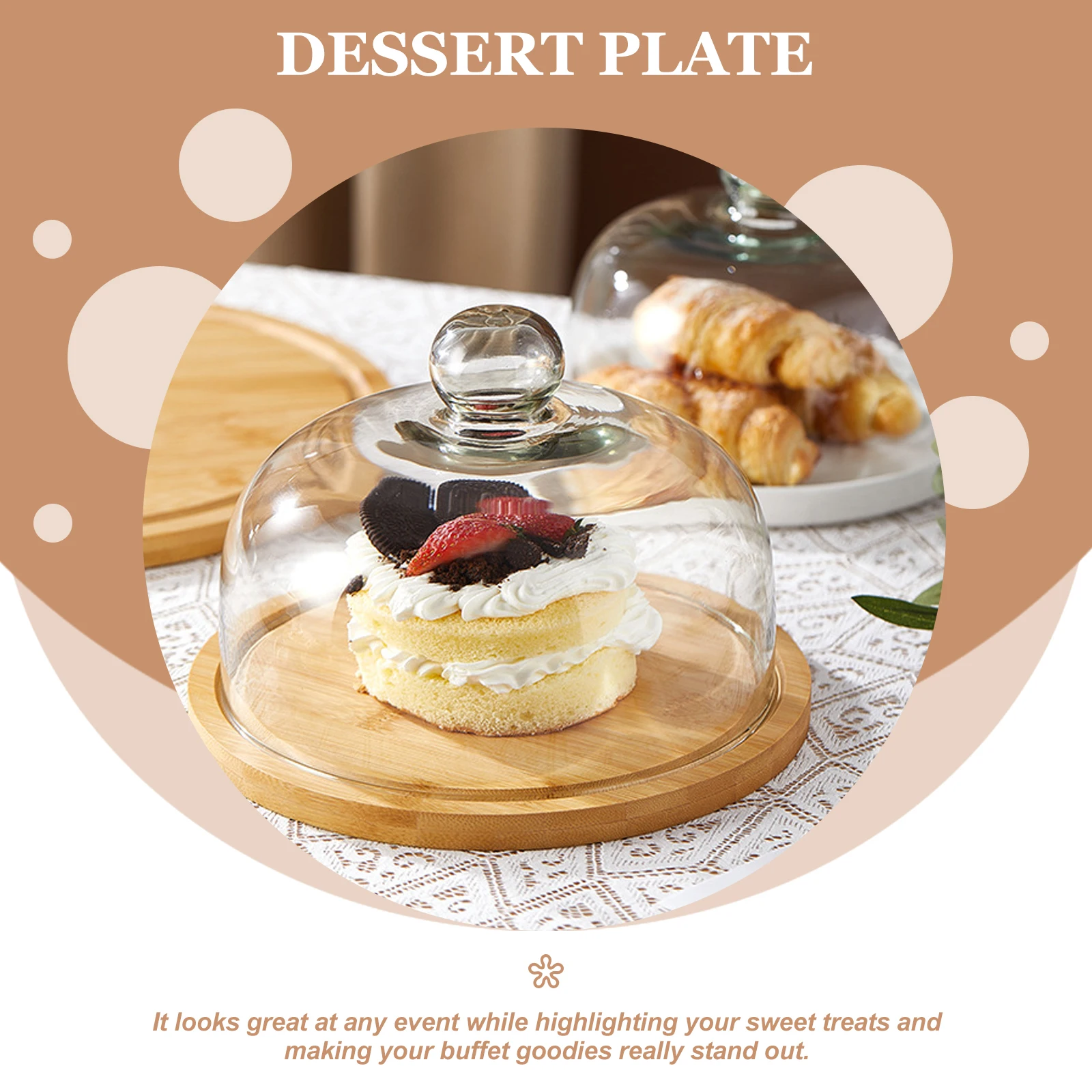

1 set 6.5 Inch Fruit Tasting Plate Dessert Cake Bread Tray Airtight Glass Dome Cover Large Capacity Stable Structure for Parties