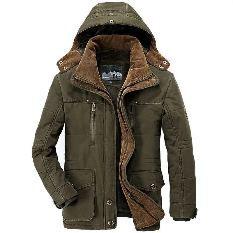 KIDWHXR Men Thicken Fleece Cargo Coat Winter Vintage Solid Stand Collar Man Hooded Jacket Outdoor Casual Warm Pocket Male Coat