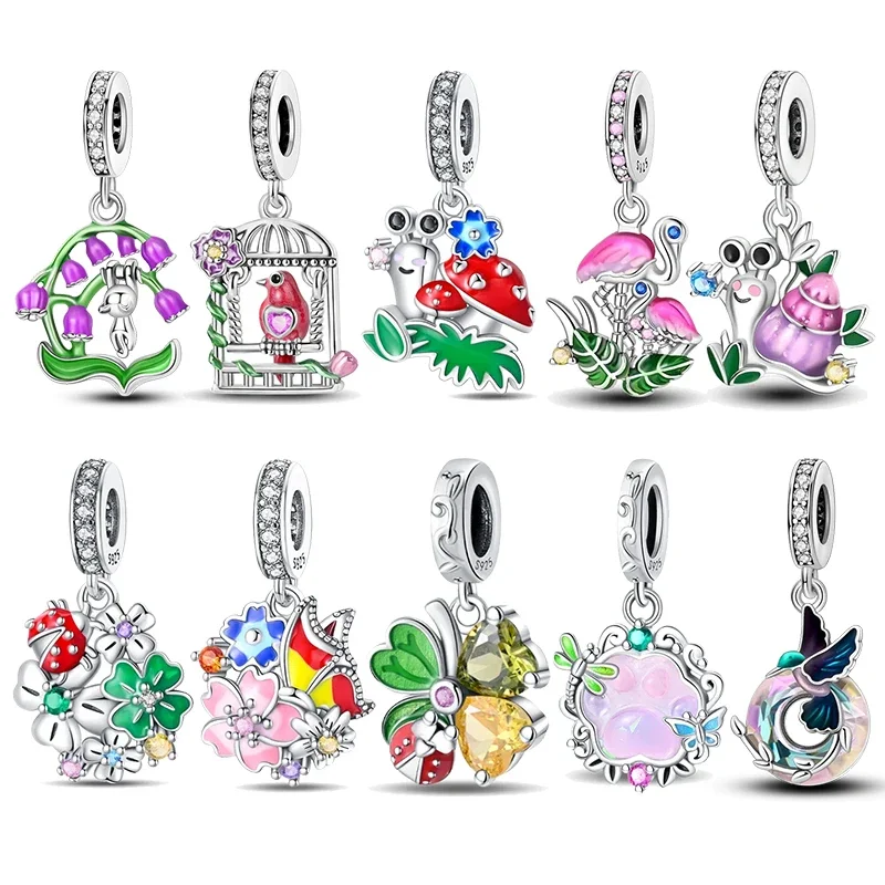 925 Sterling Silver Flowers Butterfly Creative Garden Mushroom Snail Charms Beads Fit  Original Bracelets DIY Jewelry