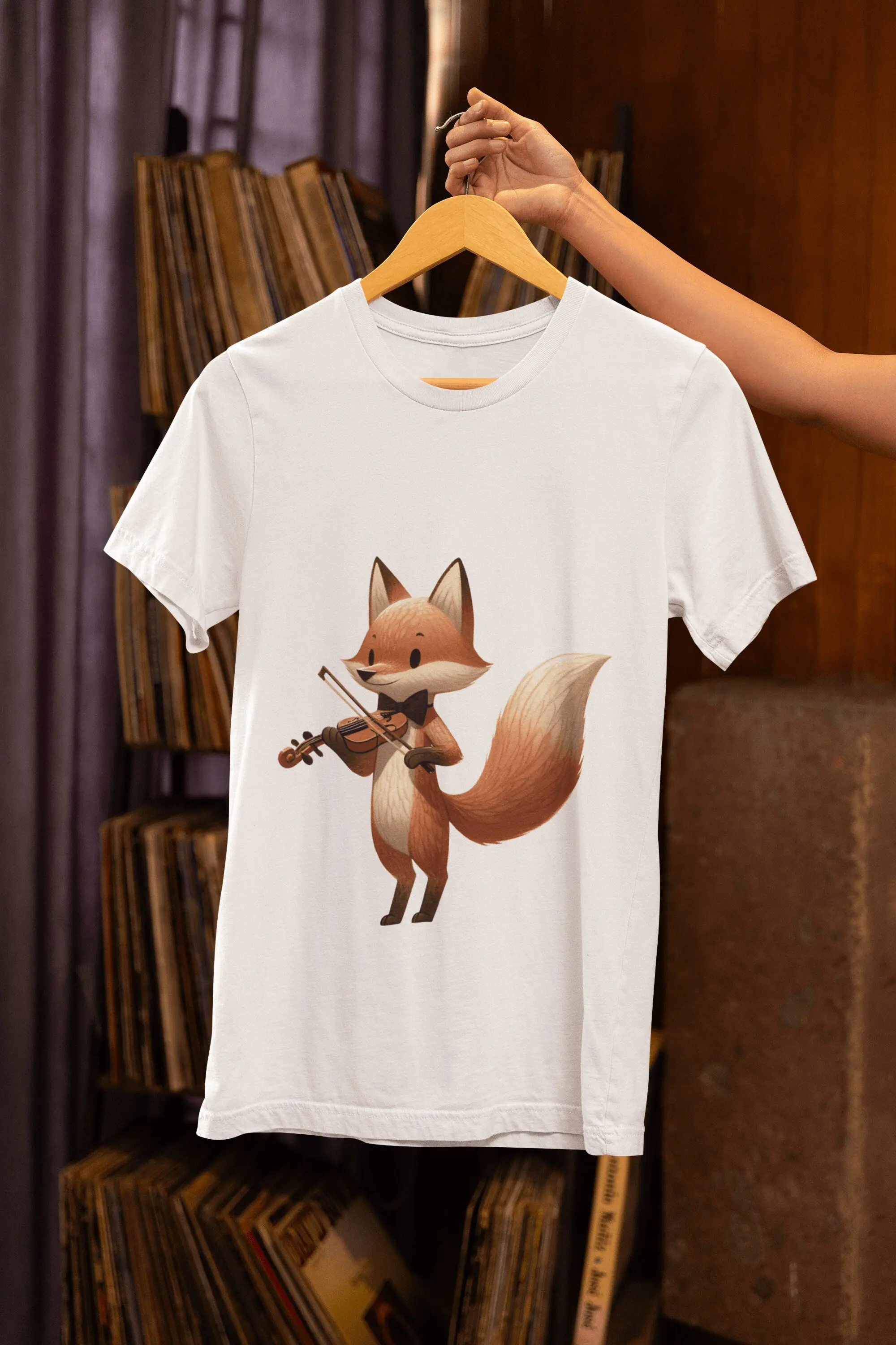 Anthropomorphic Violinist Fox T Shirt Top Music Lover Handmade Unique Animal Print for Her Him