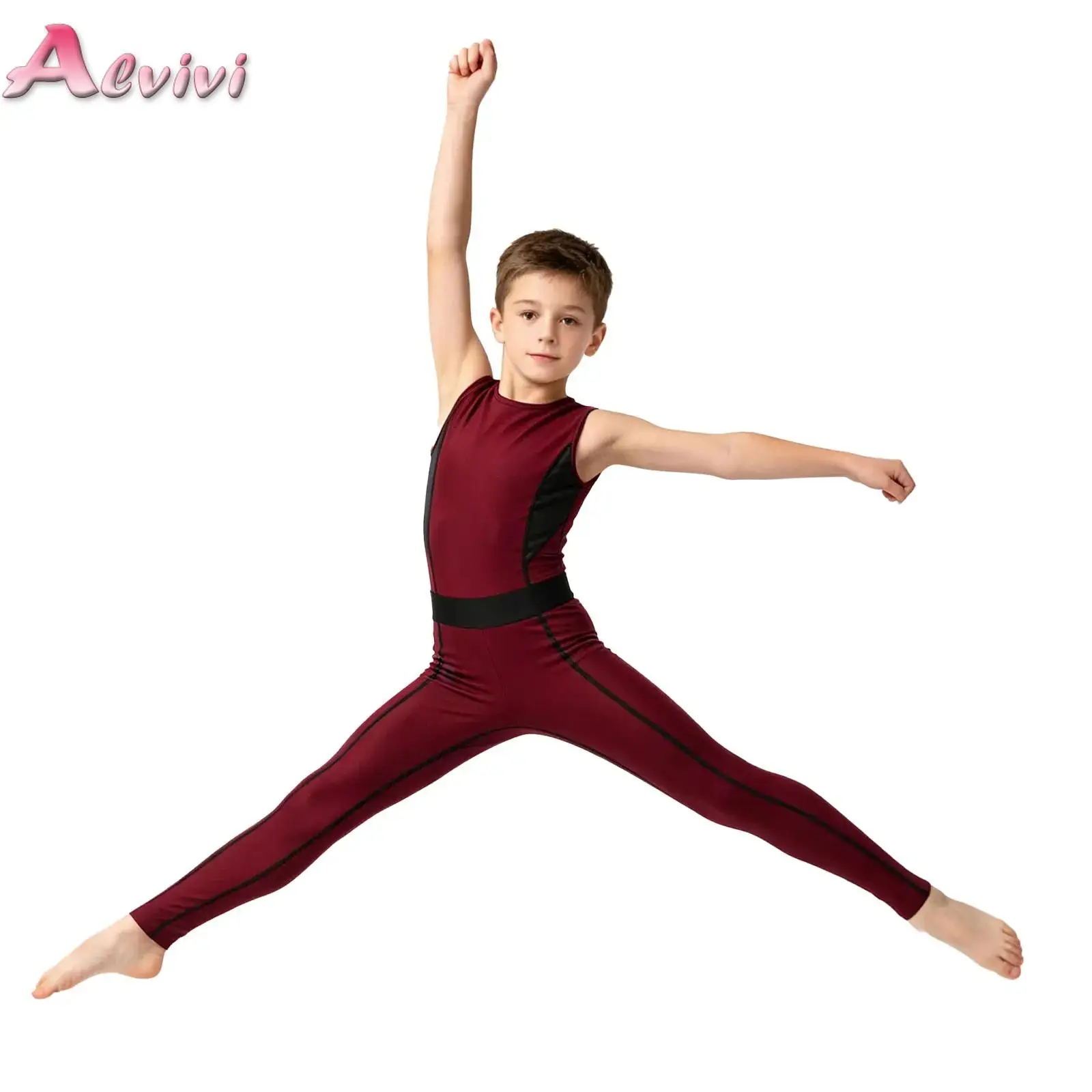Kids Boys Color-blocked Sports Jumpsuit Sleeveless Back Invisible Zipper Rhythmic Gymnastics Bodysuit for Training Performance