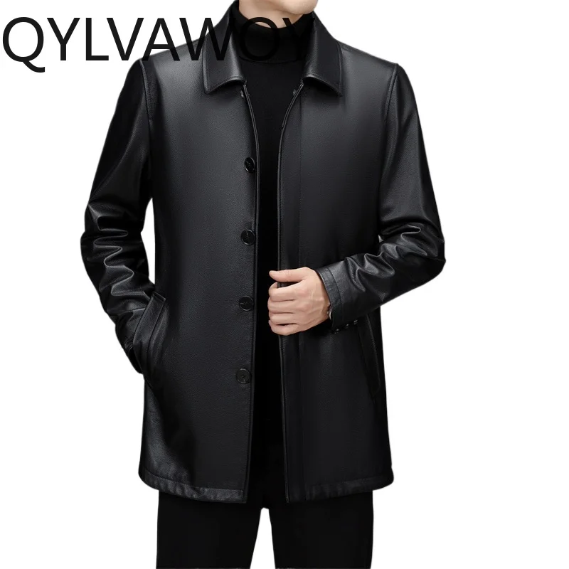 QYLVAWOY 100% Genuine Leather Jacket Men Fashion Real Cow Leather Coat Man Clothes Mid-length High Quality Man Jacket Original