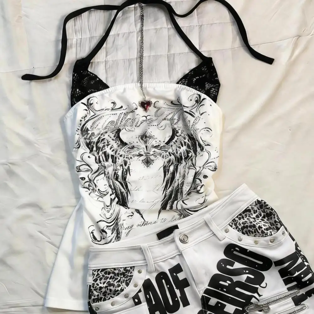 Women Gothic Halter Camisole Vintage Thorn Wing Print Lace Patchwork Sleeveless Top Retro Dark Aesthetic Summer Streetwear