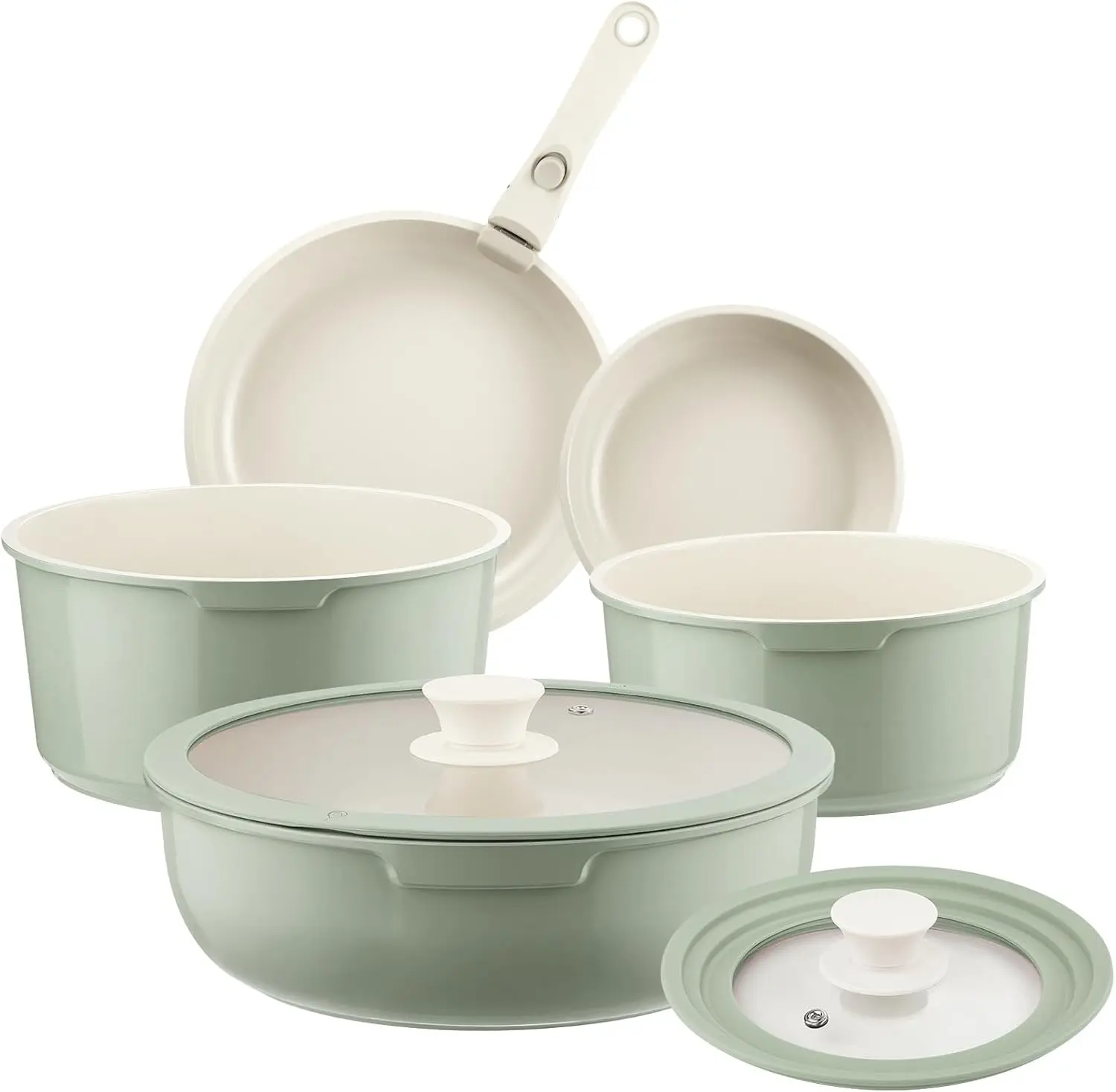 

Набор керамической посуды с антипригарным покрытием, зеленый, 8 предметов, с отсоединяемой ручкой, для кемпинга и индукционных плит