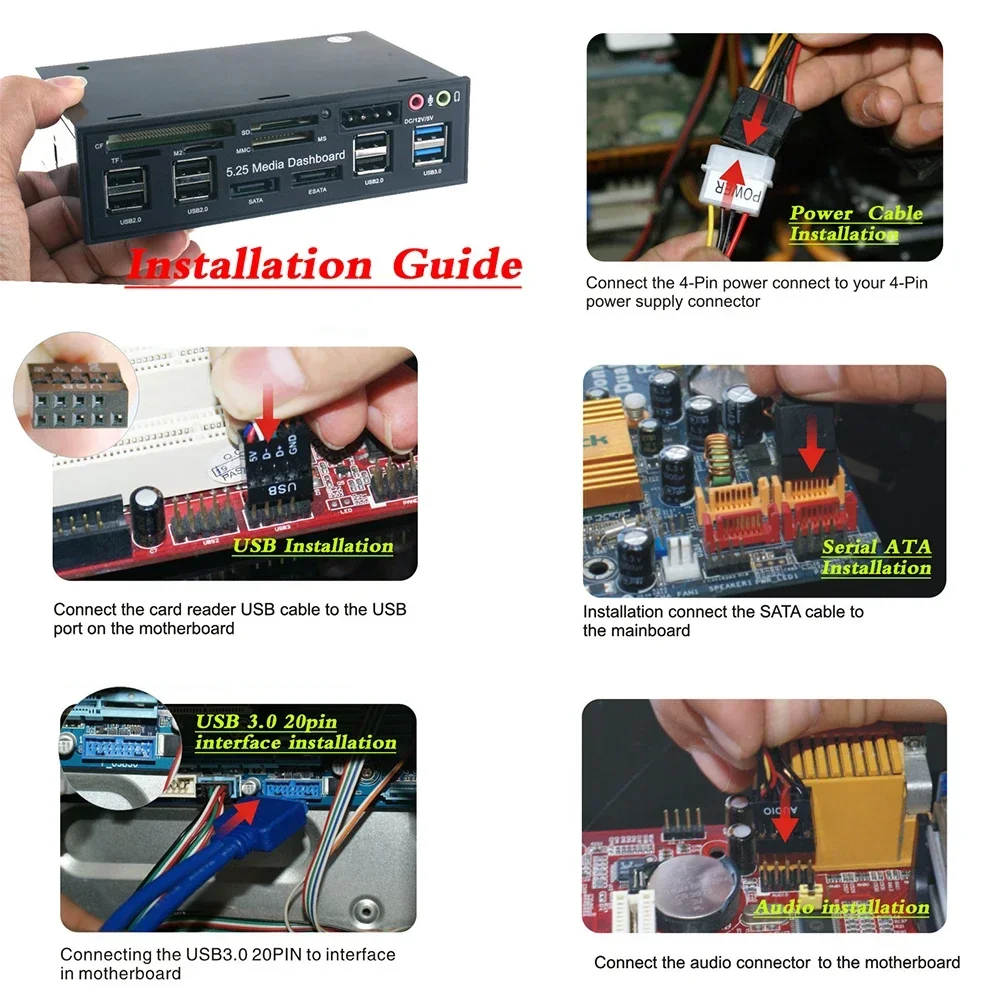 Airies USB 3.0 multifonction eSATA SATA, lecteur de carte interne PC, carte multimédia Prada, panneau avant audio pour SD MS CF TF M2 MMC Memo