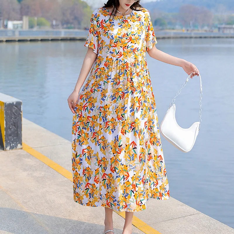 

Plus Size Women Print Dress Elegant Summer Casual O Neck Loose Party Dress Lady short sleeve Dress