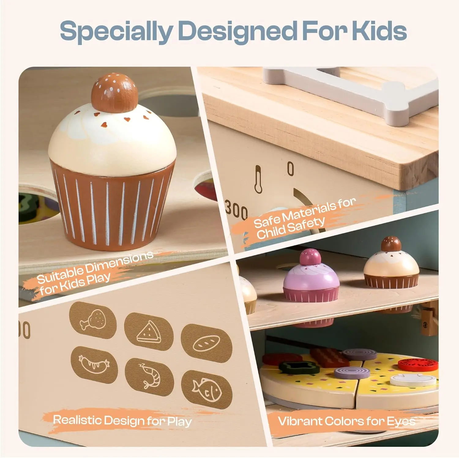 Juego de horno de cocina de madera, juego de simulación Montessori, accesorios de cocina con Pizza y Cupcakes, juguetes de comida, Pizza de madera Ove