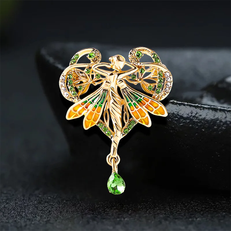 Creaive Women Lady Vintage Angel Wings Enamel Pendant Brooches Retro Palace Style Crystal Drop Oil Badges Suit Coat Accessories