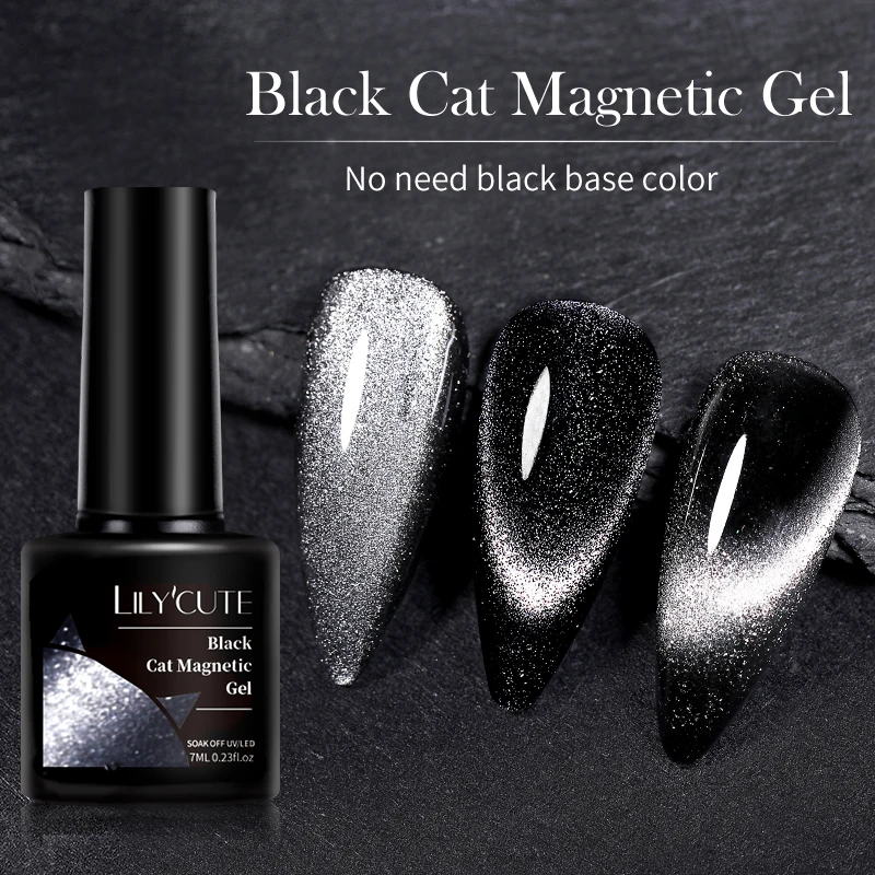 LILYCUTE 7ml Black Cat Magnetic Gel Nail Polish Sparking Silver Effect Semi Permanent Soak Off UV LED Gel Nail Art Gel Varnish