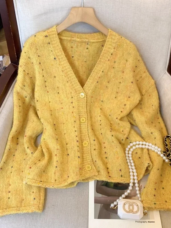 

Elegant Yellow V-Neck Knitted Open Cardigan Long Sleeve Sequin Sweater Jacket for Women Simple Sweet Style Autumn Fashion
