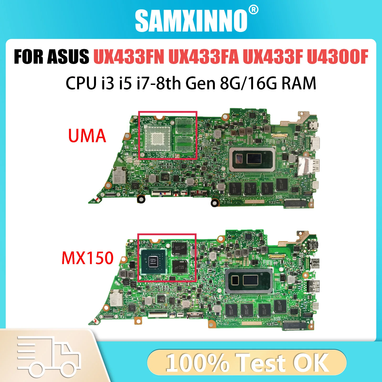 Computer Mainboard For ASUS ZenBook 13 UX433FN UX433FA U4300F Laptop Mother board I3 I5 I7 8th Gen CPU 8G 16G RAM MX150 UMA