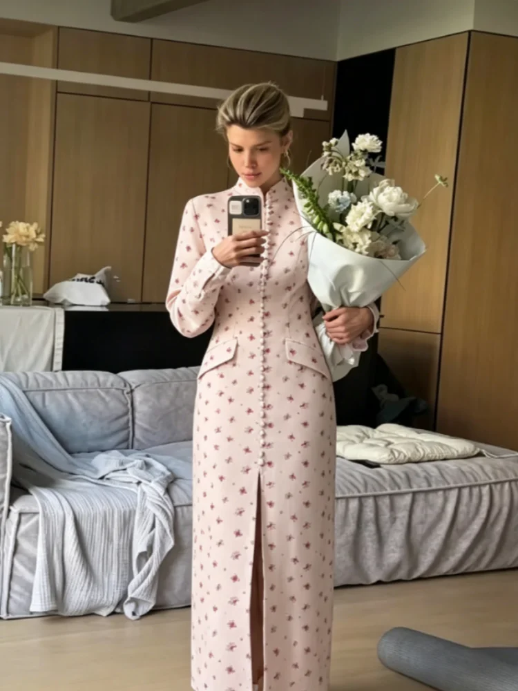 Women Elegant Floral Print Midi Dress Mandarin Collar Full Button Placket Long Sleeve Front Split Dress Formal Office Outfit New