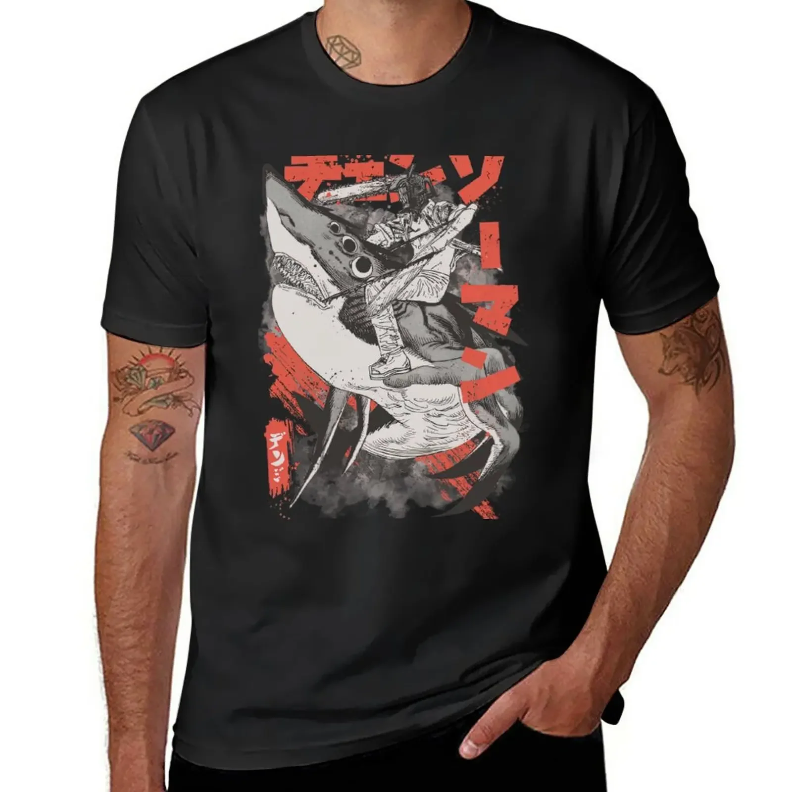 

New Shark Riding Denji T-Shirt quick drying t-shirt kawaii clothes custom t shirt t shirt man men t shirt