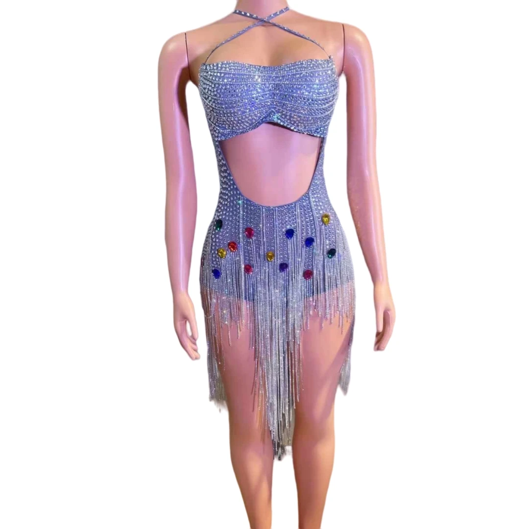 Glitter Sexy Backless Full Rhinestone Drill Chain Romper For Women Luxury Crystals Sleeveless Dressy Drag Queen Birthday Costume