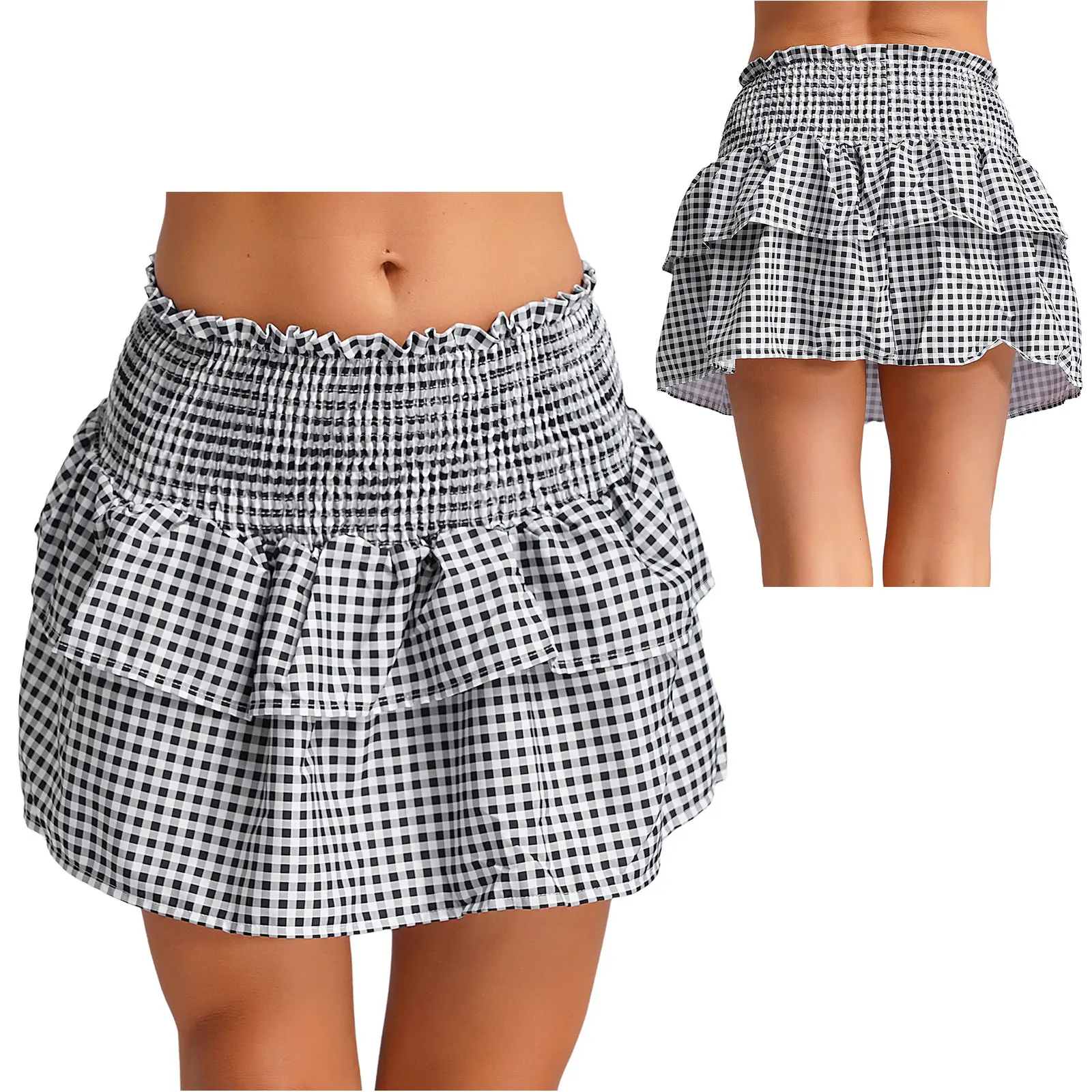 

Female Girls Sexy Sweet Skirts Elastic Waistband High Waist A-line Tiered Skirt Frilly Plaid Skirt for High Look Daily Wear
