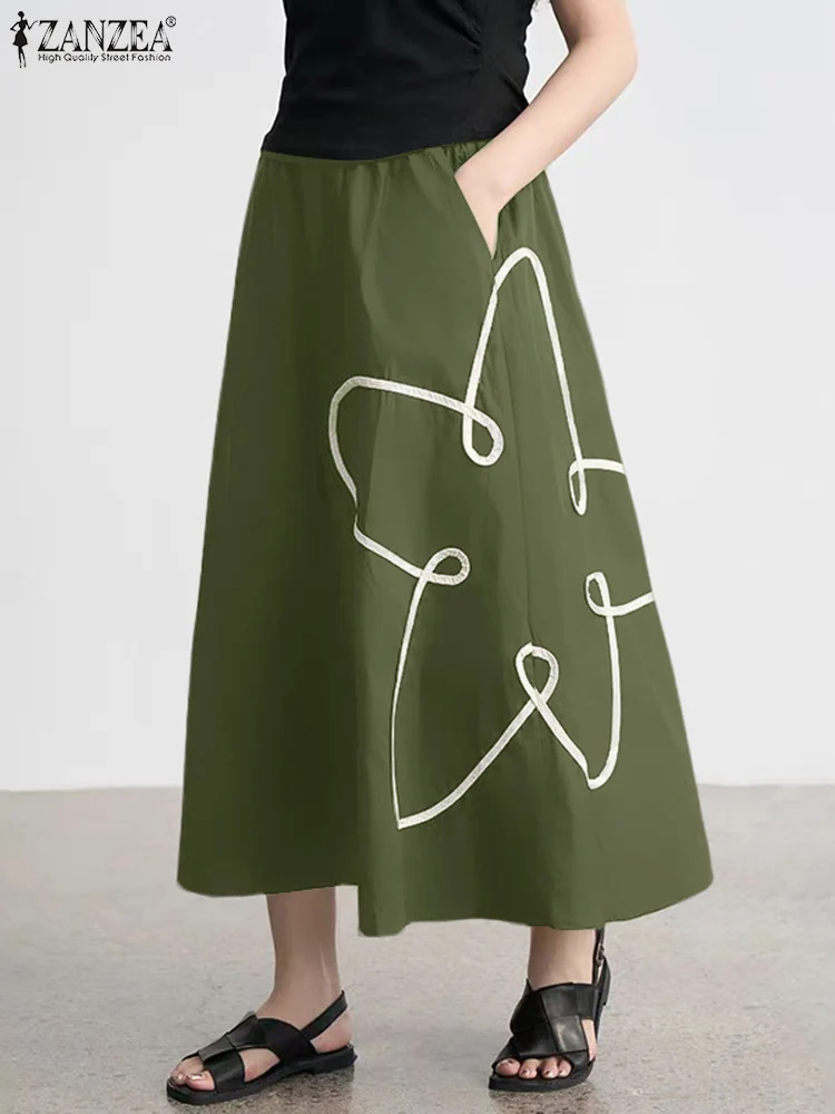 

ZANZEA Autumn Fashion Skirts Women 2025 Casual Long Overskirt Flower Stitching Holiday Loose Stright Midi Jupes A-line Faldas