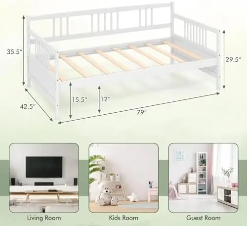 Wood Daybed Frame Twin Size, Sofa Day Bed Frame with Wooden Slats Support, No Box Spring Needed, Twin Daybed Frame for