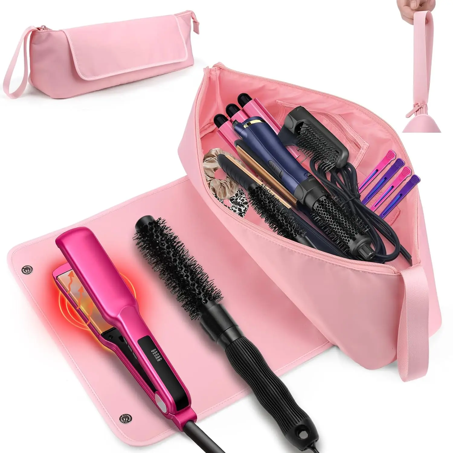 Large Hair Tools Travel Bag, with Heat Resistant Matfor Curling Iron, Flat Irons, Straighteners, Hanging Travel Hair Tools Bag