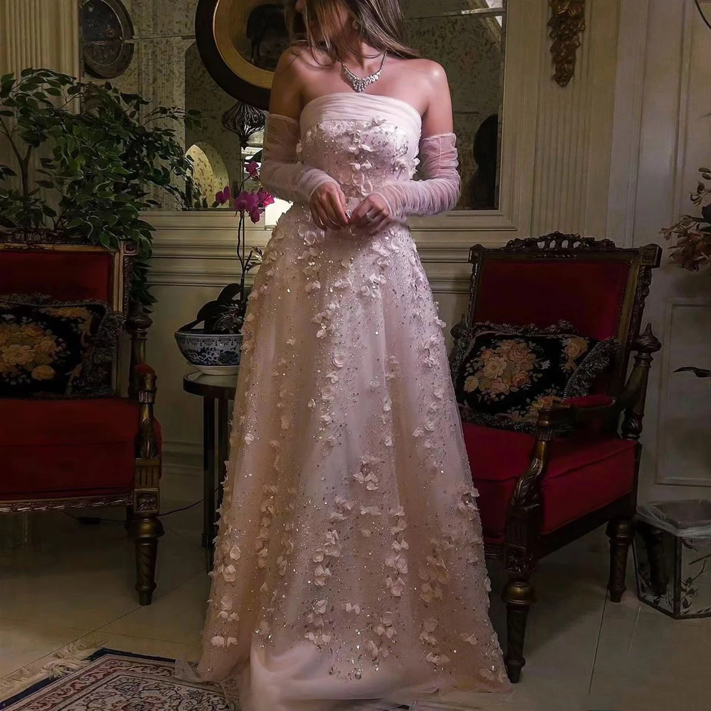 Sharon Said Elegant Blush Pink 3D Flowers Strapless Evening Dress with Long Sleeves Arabic Women Wedding Party SS344 Customized