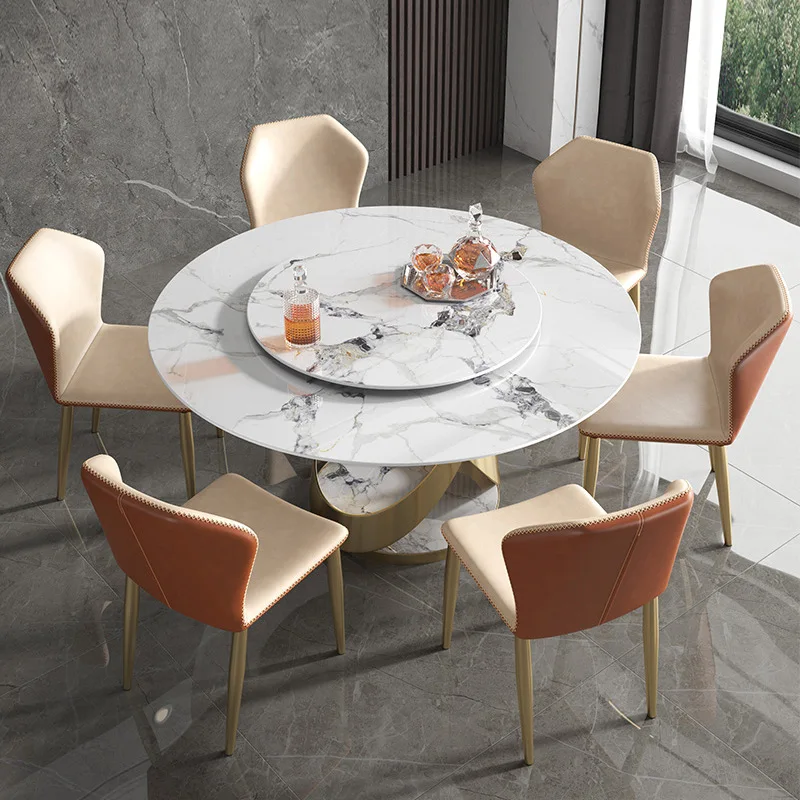 

Italian light luxury rock slab round dining table designer modern simple bright turntable dining table dining table