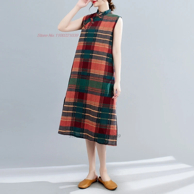 2025 chinese vintage dress improved cheongsam national stripes sleeveless a-line qipao dress oriental elegant loose dress qipao