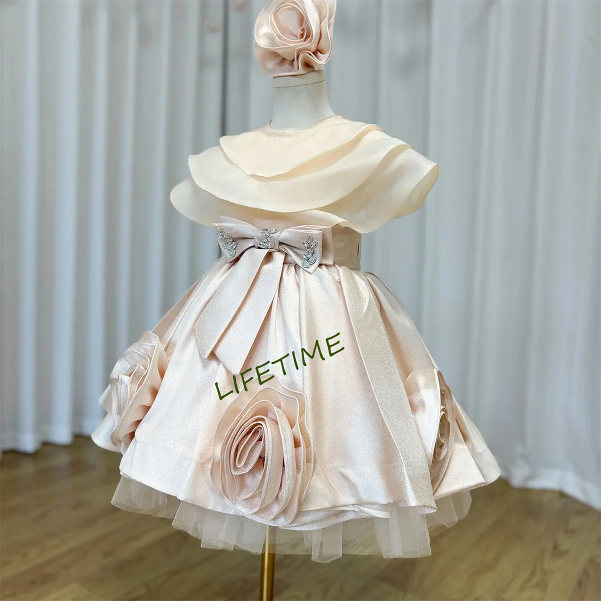 Elegante vestido Beige para niña, flores hechas a mano con tocado para niños, boda, cumpleaños, vacaciones, fiesta, 2024