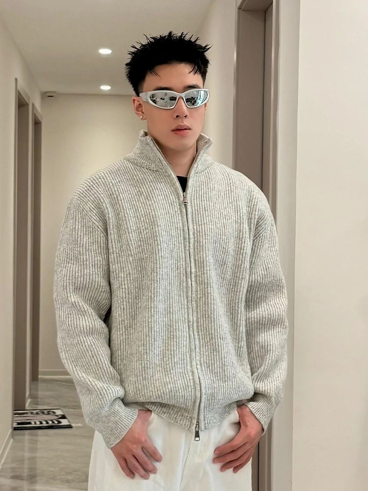 

Мужской кардиган-свитер в американском стиле с воротником-стойкой, модный, с двойной молнией, вязаный, Cleanfit, для осени