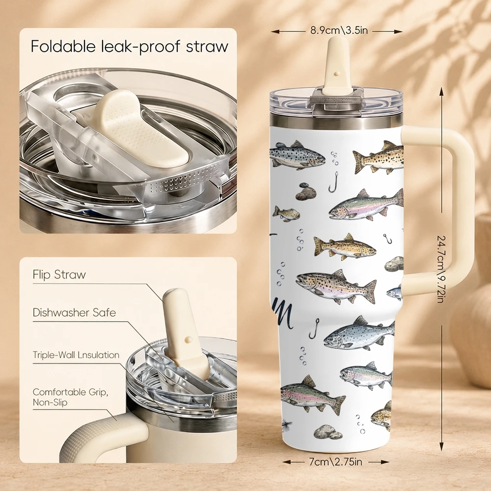Outdoor Angler Fish Line Lake Ocean Vacuum Flasks 40oz Thermal Tumbler Handle Stainless Steel Insulated Water Portable Mug Cup