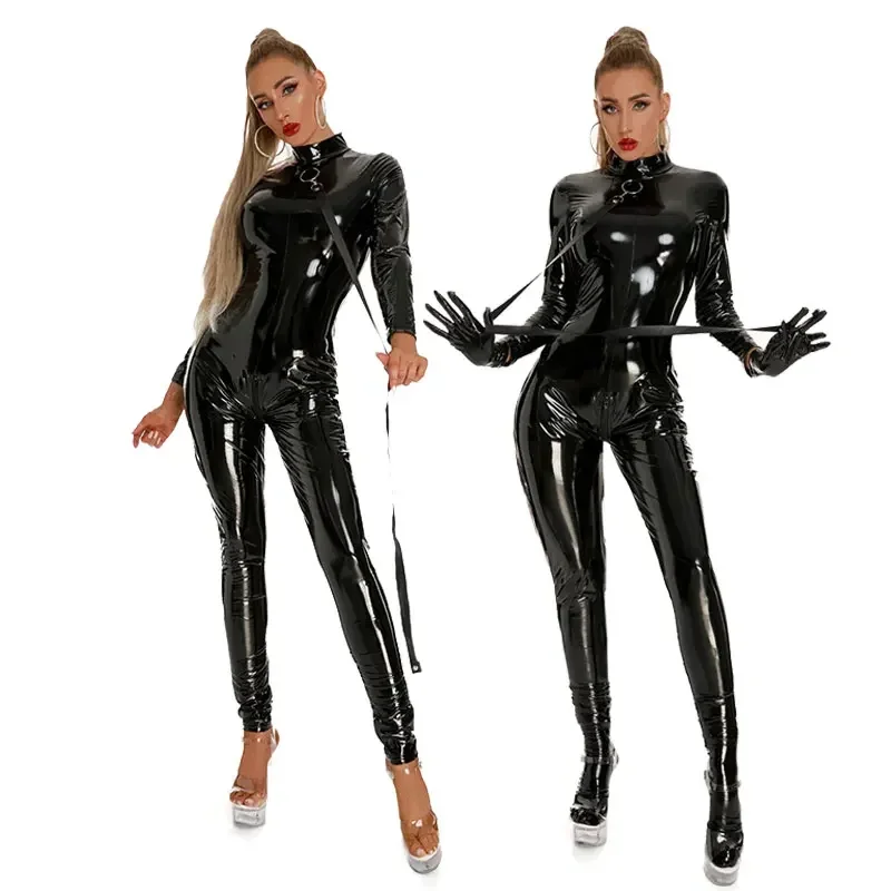 

Sexy Lady Wet Look Shiny Faux Leather Catsuit Long Sleeve PVC Latex Bodysuit Erotic Zip Open Crotch Jumpsuits Clubwear Overalls