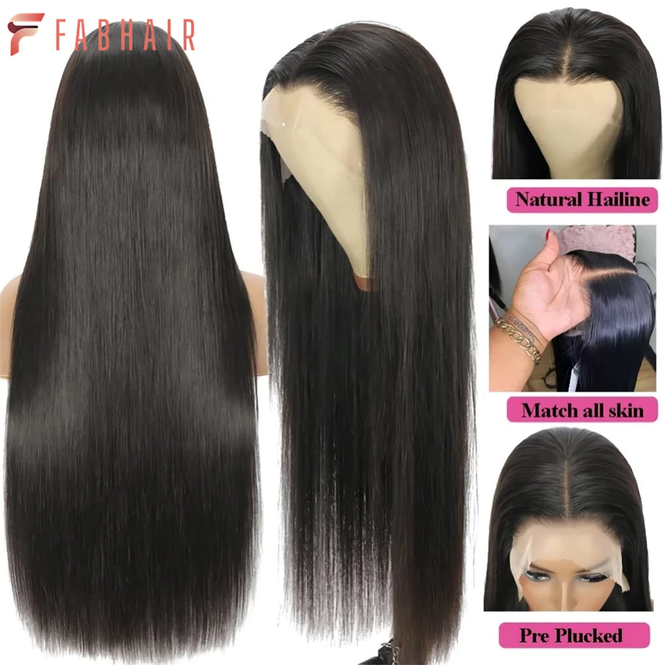 FABHAIR-Straight Lace Front Perucas, Cabelo Humano, HD Lace Frontal Perucas, pré arrancadas, 150% Densidade, 13x4