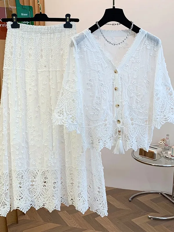Textured Hooked Pattern Women's Summer Lightweight Hollow out Sun Protection Top High Waist  Skirt Two Piece Set