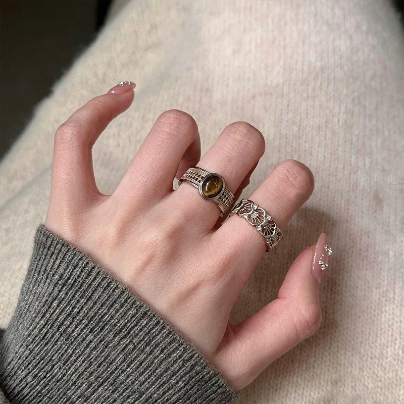 Tiger Eye Stone Ring Vintage Carved Hollow Out Antique Silver Plated Alloy Adjustable Open Distressed Bohemian Chic Jewelry