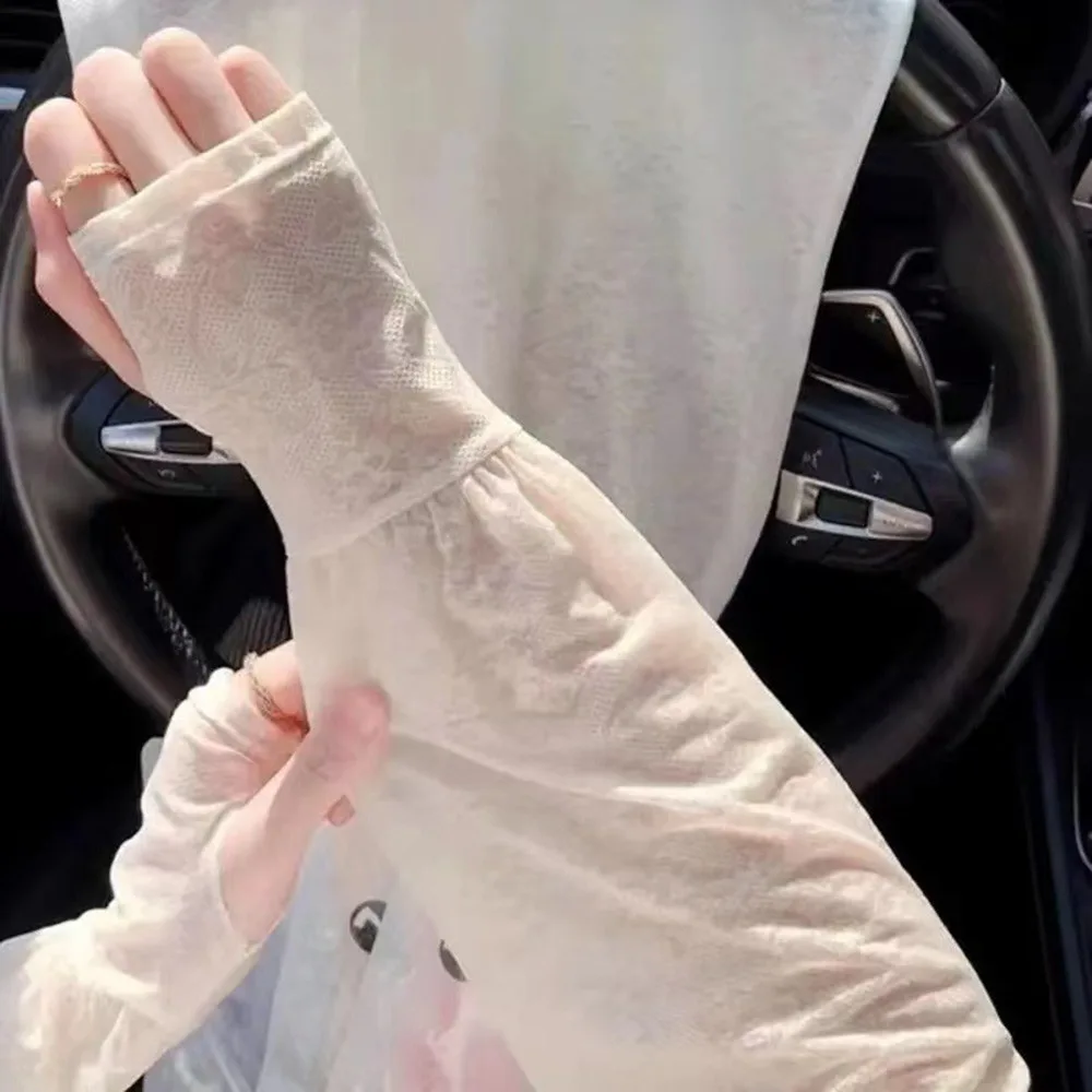 

Fashion Lace Ice Silk Sleeves UV Protection Soft Breathable Driving Sleeve Long Sunscreen Sleeves Summer
