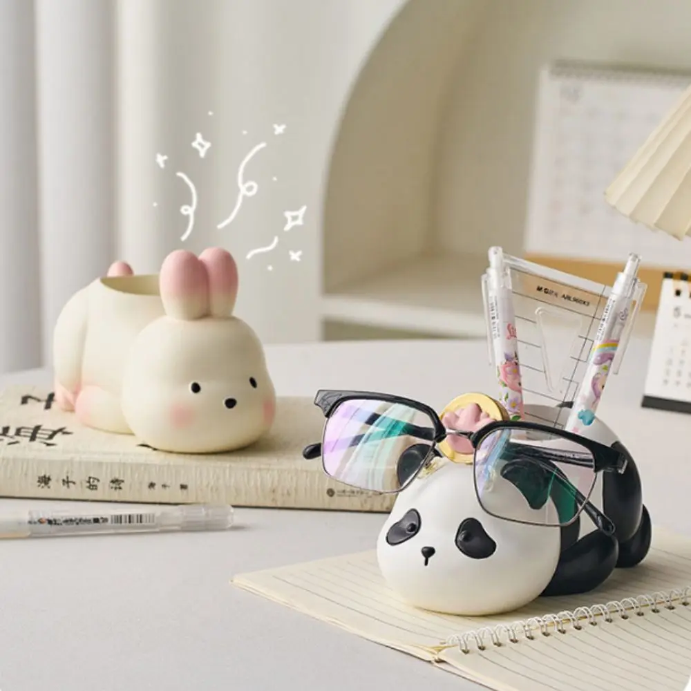 

High Aesthetic Cute Animal Pen Holder Cartoon Unique Resin Panda Statue Large Capacity Desktop Rabbit Ornament Home