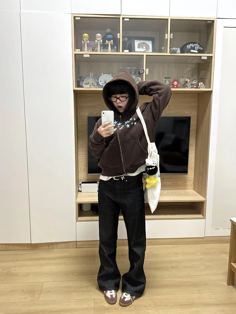 เสื้อฮู้ดผู้หญิงสไตล์เรโทรอเมริกัน ลายดาว ทรงหลวม สบายๆ สำหรับฤดูใบไม้ร่วงและฤดูหนาว รุ่นใหม่ ซิปหน้า ใช้งานได้หลากหลาย