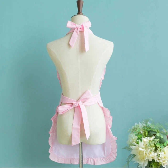 Japanese Style Women Elegant Victorian Pinafore Apron Maid Lace Smock Costume Ruffle Pockets White/Pink