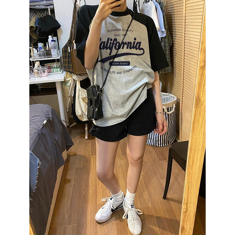 Women's Short Sleeve T-Shirt Summer Loose Fit Shoulder Insertion American Retro Large Size Slimming Design Unique Top Cotton image 2