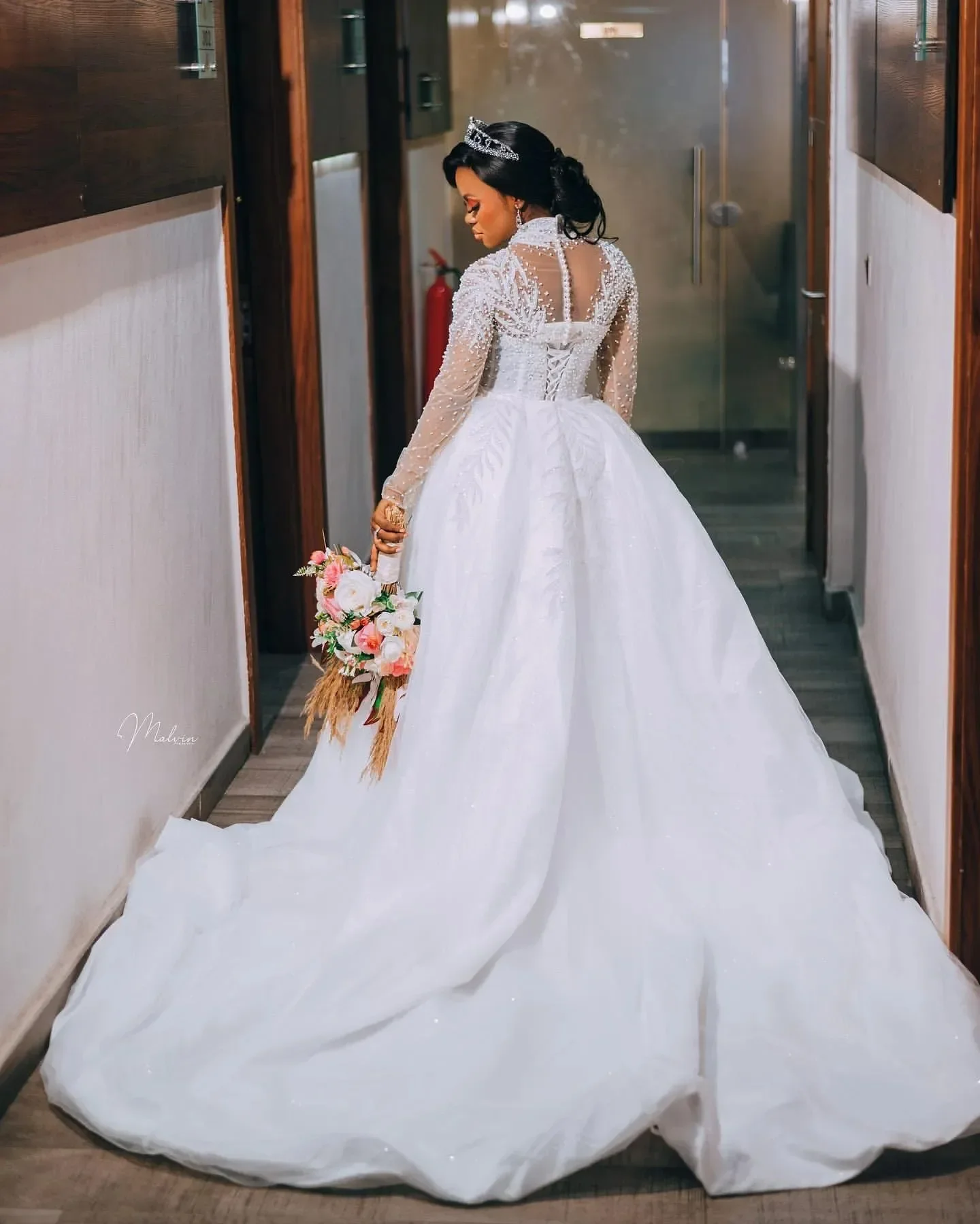 Customized High Collar Sparkly Beads Appliques  Mermaid  Wedding Dress Detachable Train  Long Sleeves Illusion Back  Bridal Gown