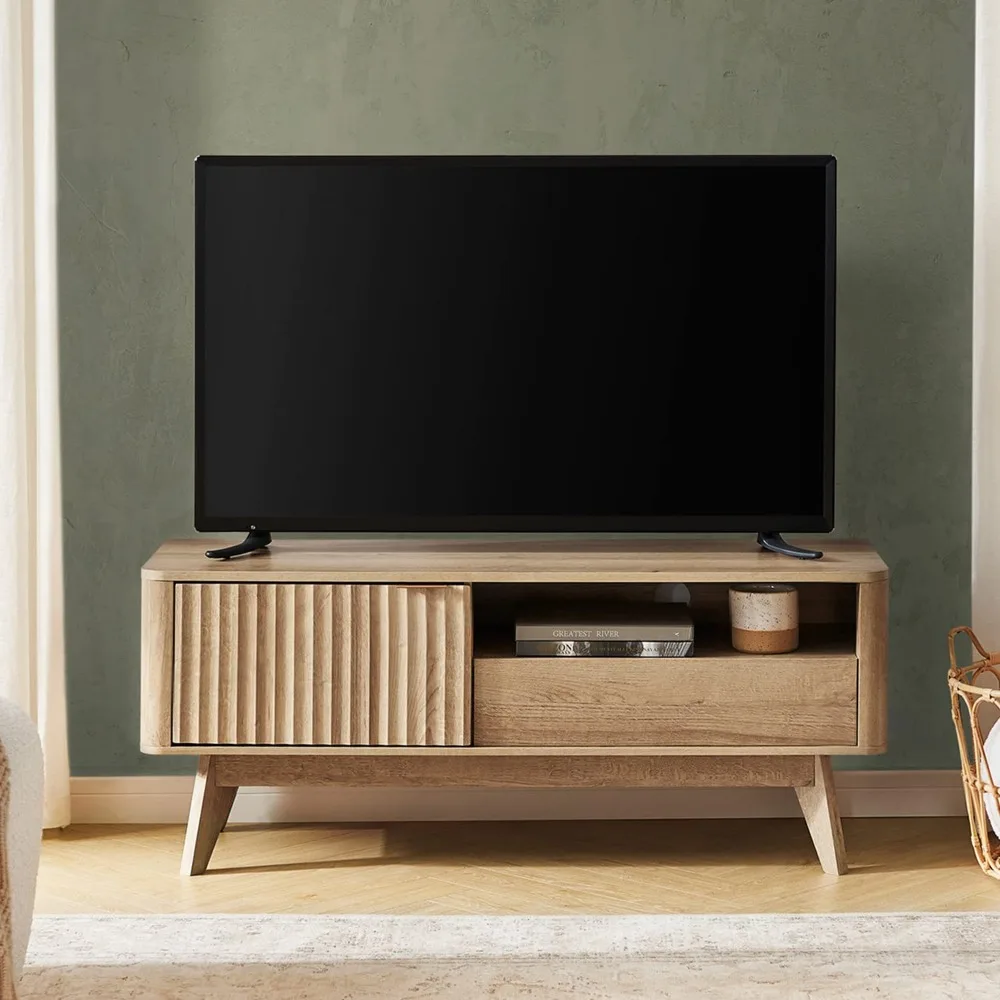 

Mid-Century Modern TV Stand for TVs up to 59in Curved Panel Adjustable Shelf Sturdy Box Frame Leg Golden Oak 47in ,Customized