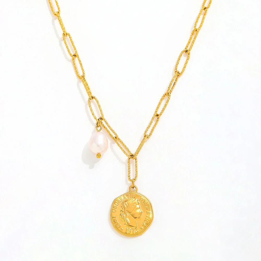 

Joolim Jewelry Wholesale Waterproof Fashion Women Coin Pearl Pendant Pin Link Chain Necklace Stainless Steel Jewelry Wholesale