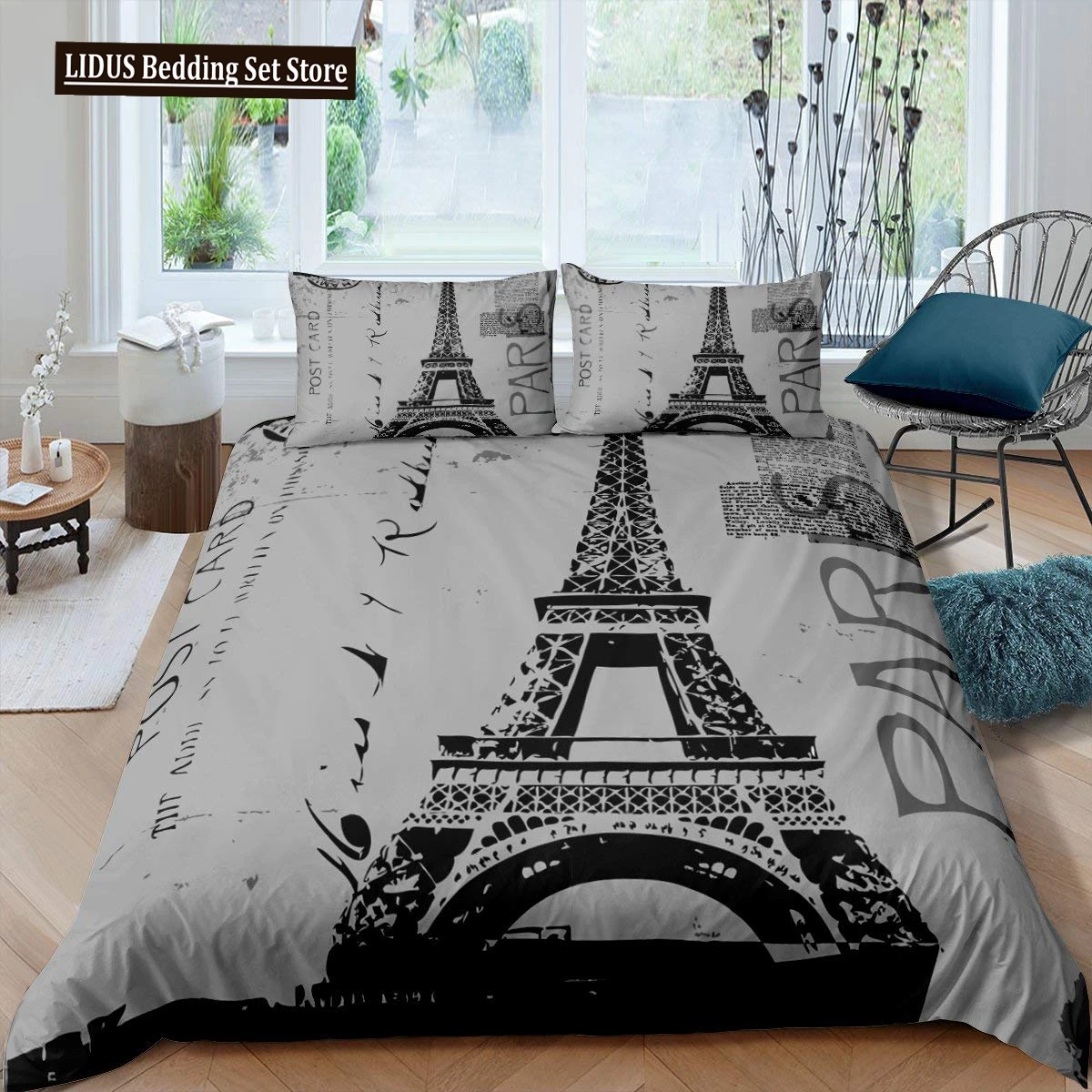 

Eiffel Tower Duvet Cover Set Queen Size Gray Vintage Romance Paris France Bedding Set Old Newspaper Style Polyester Quilt Cover